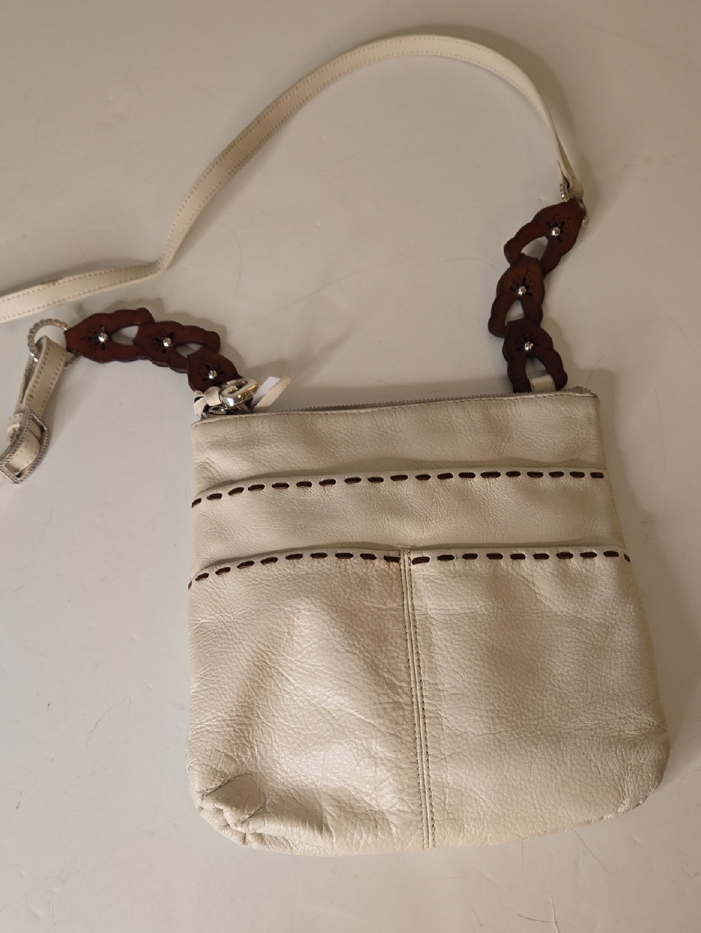 Brighton Cream Leather Crossbody with Brown Braided Strap Accents